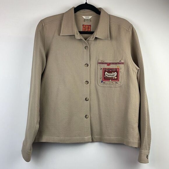 Christopher & Banks Tan Quilted Embroidered Canoe and Moose Themed Shirt M - Picture 2 of 12